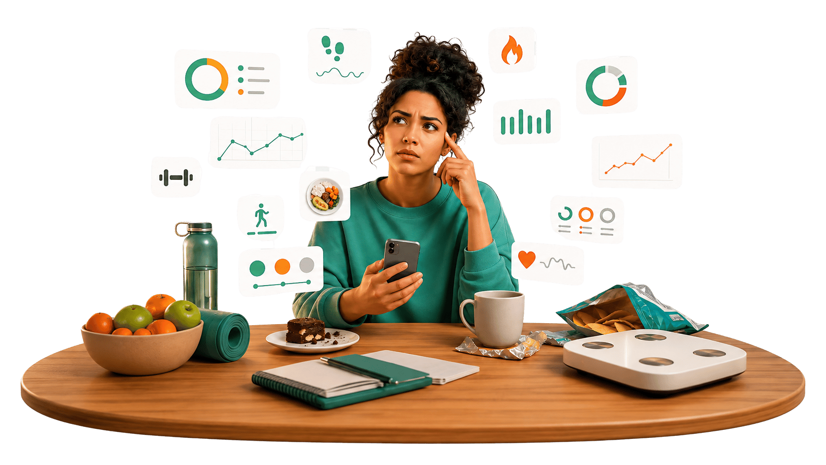 A person feeling overwhelmed by tracking numbers while real-life food, movement, and emotion cues surround them.